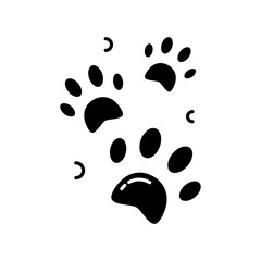 Pet paw prints black glyph icon. Animal footprints. Dog walk trail. Track of cat steps. Bear pawprint. Puppy foot. Veterinary service. Silhouette symbol on white space. Vector isolated illustration