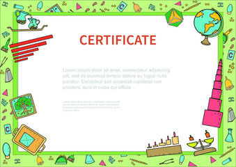 Border with doodle montessori materials for photo, certificate, banner, acknowledgment, announcement. Frame with school osfor kindergarden, preschool, 3-6 eyars children. Frame vector template 