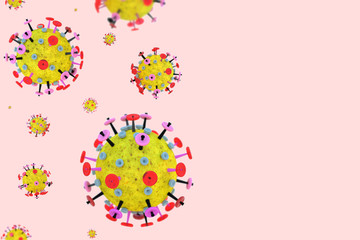 Coronavirus cells in on a pink background with copy space. Yellow red microscopic 3D molecule model of flu virus. Concept of COVID-19, SARS-Cov-2 prevention.