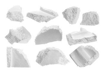 Crumbled styrofoam pieces set isolated on white background