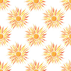 Seamless Pattern with Shiny Bright Yellow Sun on Orange Background.