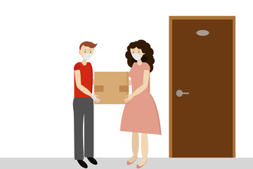 Courier in red uniform and medical mask, gloves. Passes the girl in front of the apartment. Food delivery, BOOKS, GOODS during quarantine. Prevention of viral infections. Flat vector illustration.