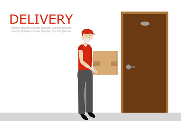 Courier in a red uniform and a medical mask. Food delivery, BOOKS, GOODS during quarantine to the door. Prevention of viral infections. Flat vector illustration.