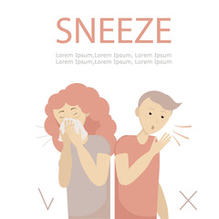 A girl sneezes into a scarf - rightly so. The guy is doing wrong! Simple hygiene rules. Healthcare concept. Virus spread prevention. Flat vector illustration.