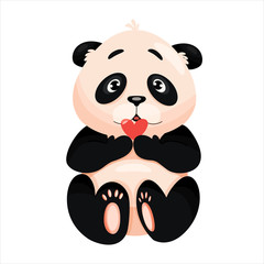 Vector bear panda holding heart isolated on white background. Cute baby panda with heart. Flat stock vector illustration.