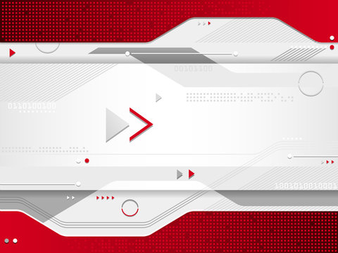 Vector illustration of a red futuristic technological abstract background with arrows, binary code / data, dynamic lines, circles, dots, patterns, lines, shapes, triangles and gradient effects.