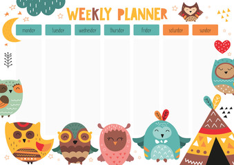 Weekly planner with cute owls in doodle cartoon style. Kids schedule design template. Vector illustration.