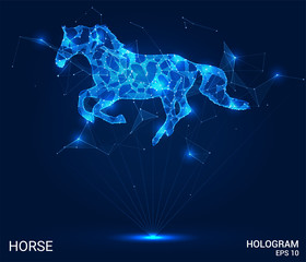 A hologram of a horse. A horse made up of polygons, triangles, points, and lines. Horse low-poly compound structure. The technology concept.