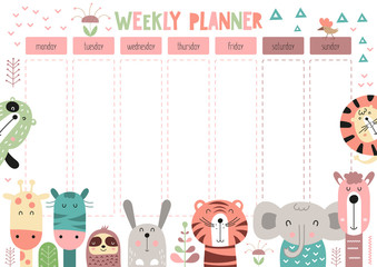 Weekly planner with cute funny forest animals in doodle cartoon style. Kids schedule design template. Vector illustration. - obrazy, fototapety, plakaty