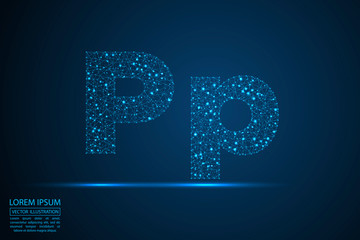 English letters abstract font consists 3d of triangles, lines, dots and connections. On a dark blue background cosmic universe stars, meteorites, galaxies. Vector illustration EPS 10.