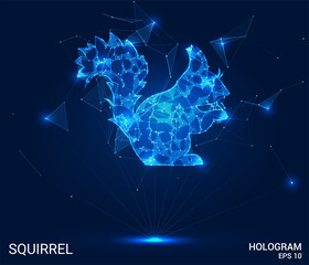 A hologram of a squirrel. A squirrel made up of polygons, triangles, points, and lines. Squirrel is a low-poly structure compound. The technology concept.