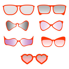 A set of red sunglasses.Frames of different shapes.Classic and exotic frames.Vector illustration
