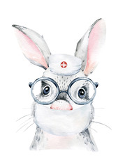 Obraz na płótnie Canvas Rabbit Animal cute doctor watercolor hare kids illustration isolated on white background. Medical children design. Infection protection epidemic mask. medic clinic