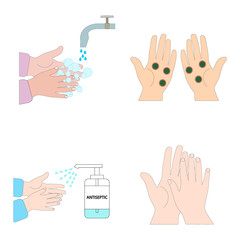 Set-instructions for washing hands.Clean your palms , hands with the virus, with foam, with antiseptic.Flat illustration.Vector image