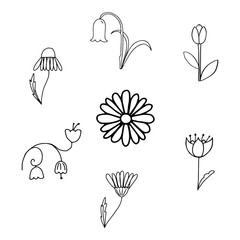 Set of flower doodles-contour drawing with a line.Black and white image.Doodle style.Coloring.Set of flower elements.Vector illustration.