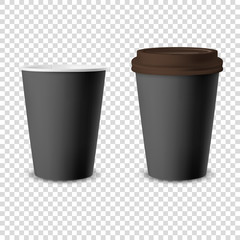 Vector 3d Realistic Black Disposable Opened and Closed Paper or Plastic Coffee Cup for Drinks with Brown Lid Icon Set Closeup Isolated. Design Template, Mockup. Front View