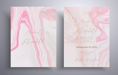 Wedding invitation pattern with waves and swirl. Vector cards with marble design. Elegant template with space for your text. Pink, beige and white overflowing colors