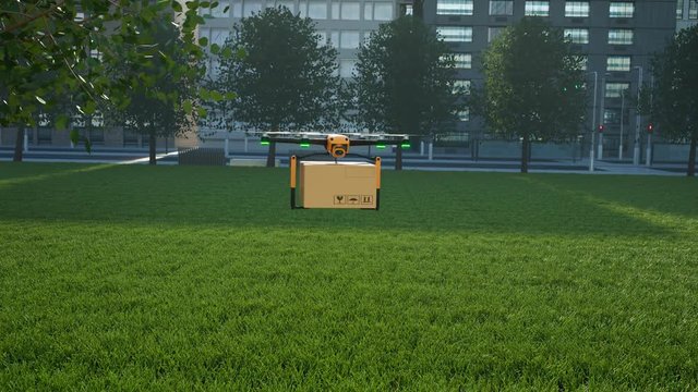 Hexacopter drone delivering ordered package in the city center. Render 4k