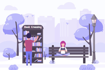 Book exchange in city park flat vector illustration. Young woman reading book on park bench, man chooses book in a street library.