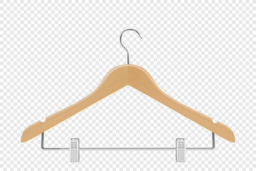 Vector 3d Realistic Clothes Coat Wooden Textured Hanger Icon Closeup Isolated on Transparent Background. Design Template, Clipart or Mockup for Graphics, Advertising etc. Front or Top View