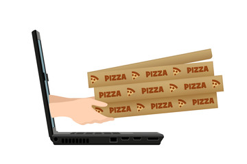 Concept for pizza delivery service and online shopping. Hands of courier with three pizza boxes appear from an open laptop. Stock vector illustration.