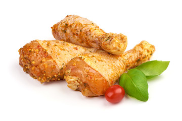 Marinated chicken drumsticks, BBQ dishes, isolated on white background