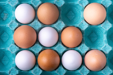 Empty spaces and orderly filled colourful teal carton egg box with white and brown eggs in even studio lighting