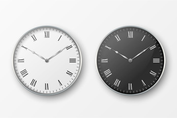 Vector 3d Realistic Simple Round Gray Silver Wall Office Clock. White and Black Dial Icon Set Closeup Isolated on White Background. Design Template, Mock-up for Branding, Advertise. Front or Top View