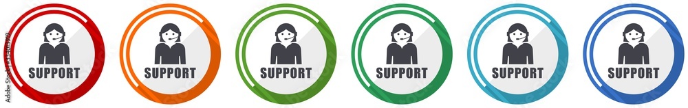 Aufkleber Support icon set, flat design vector illustration in 6 colors options for webdesign and mobile applications