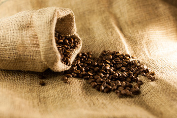 Burlap hessian sack of roasted coffee beans