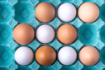 Apparent unordered brown shaded and white chicken eggs in colourful teal egg carton box seen from above in studio lighting