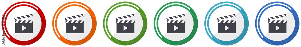 Aufkleber video icon set, flat design vector illustration in 6 colors options for webdesign and mobile applica