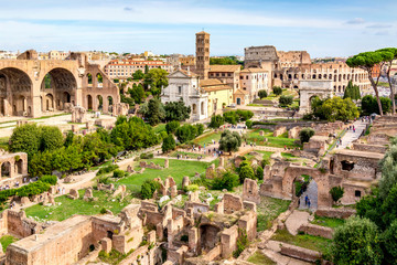 Aerial panoramic cityscape view of the Roman Forum and Roman Colosseum in Rome, Italy. World famous landmarks in Italy during summer sunny day.