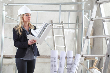 woman architect or construction interior designer with white windows cutaway profile inside a...