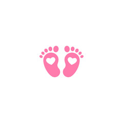 Pink kids or baby feet and foot steps with heart. New born, pregnant or coming soon child footprints.