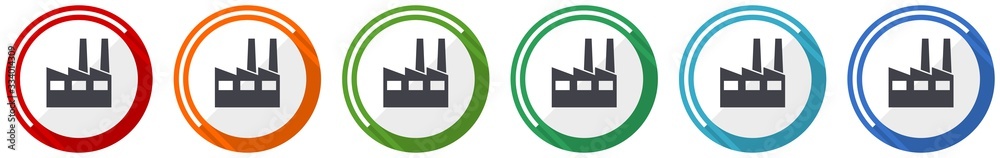 Leinwandbilder factory icon set, industrial building flat design vector illustration in 6 colors options for webdes