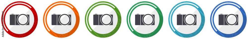 Poster mirrorless camera icon set, photography flat design vector illustration in 6 colors options for webd