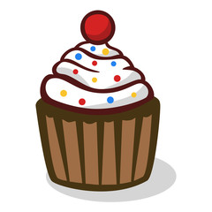 Cute chocolate cupcake with vanilla icing, colorful sprinkles and a cherry. Drawn in a simple style and isolated on white.