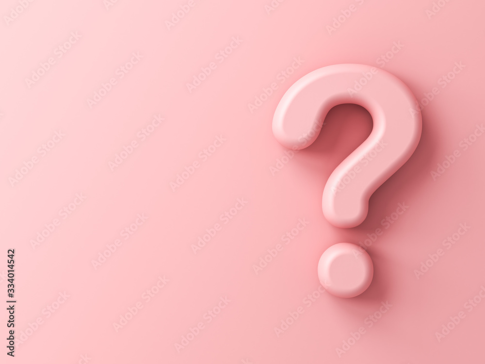 Poster pink question mark isolate on pink pastel color wall background with shadow 3d rendering
