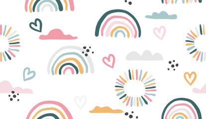 Seamless vector pattern with hand drawn rainbows and sun. - 334014907