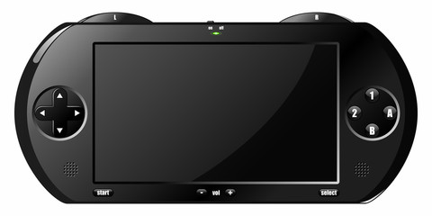 Realistic black portable gaming console with a blank screen. Can represent video games, entertainment, high end tech, computers, innovation, gadgets, modern hardware and electronics. © Fantasy Maps
