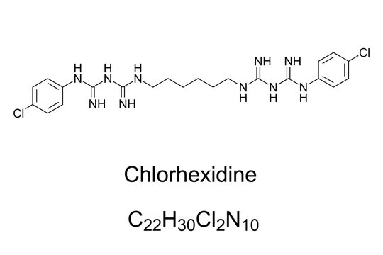 Chlorhexidine molecule skeletal formula. Structure of chlorhexidine gluconate, CHG, a disinfectant and antiseptic, to disinfect skin, cleaning wounds or preventing dental plaque. Illustration. Vector.