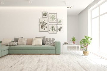 White living room with sofa. Scandinavian interior design. 3D illustration