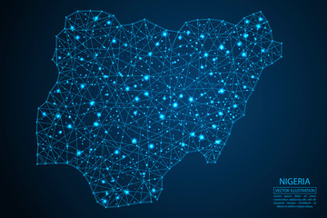 A map of Nigeria consisting of 3D triangles, lines, points, and connections. Vector illustration of the EPS 10. - obrazy, fototapety, plakaty