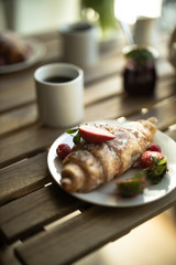 Breakfast with coffee and croissants. French breakfast