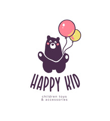 Logo design for kid toys store, boutique with happy teddy bear character silhouette with air balloons isolated on white background. Baby accessory boutique emblem design. Vector flat illustration.