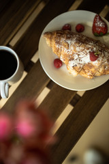 Breakfast with coffee and croissants. French breakfast