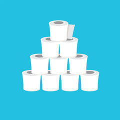 Stack of toilet paper isolated on blue background. Deficit of toilet paper concept illustration.Self isolation concept