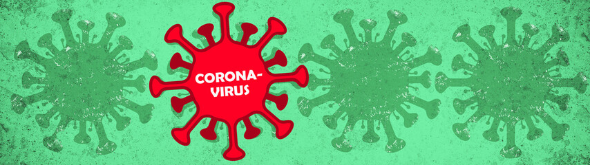 CORONAVIRUS - Red cartoon virus isolated on green bright abstract rustic texture background banner panorama, top view with space for text
