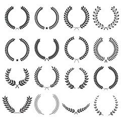 Collection of different black and white silhouette circular laurel foliate  and oak, wreaths depicting an award, heraldry, achievement, victory, crown, winner, ornate,Vector  icon illustration.